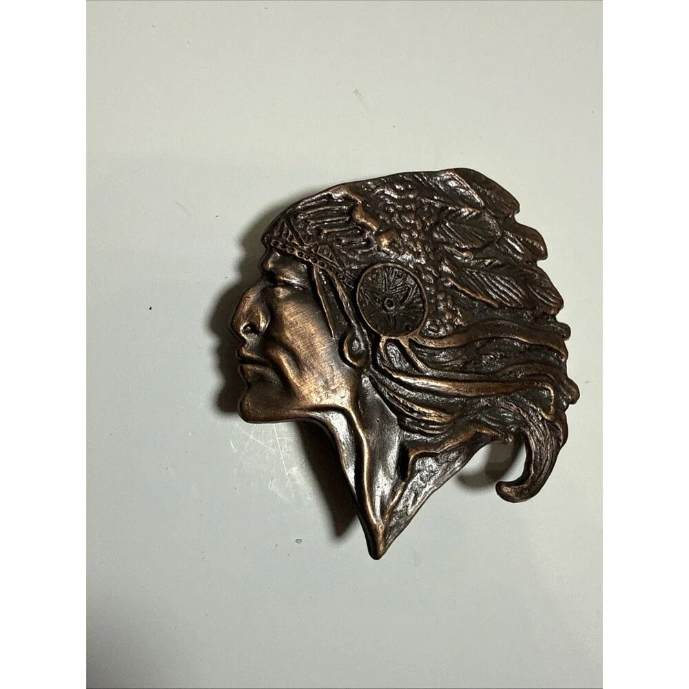 Vintage Brass Indian Head Belt Buckle Western Americana Native American